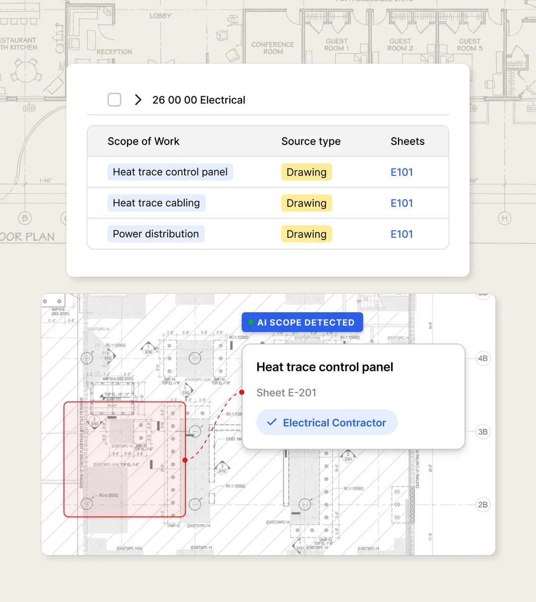 Scope package pre-split by trade with subcontractor assignment and source sheet references