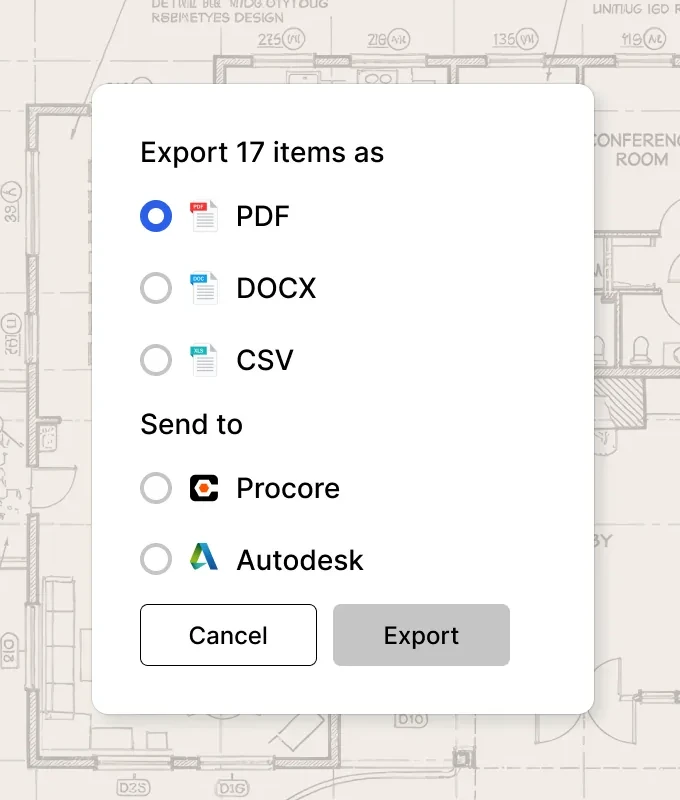 Export dialog offering PDF, DOCX and CSV formats