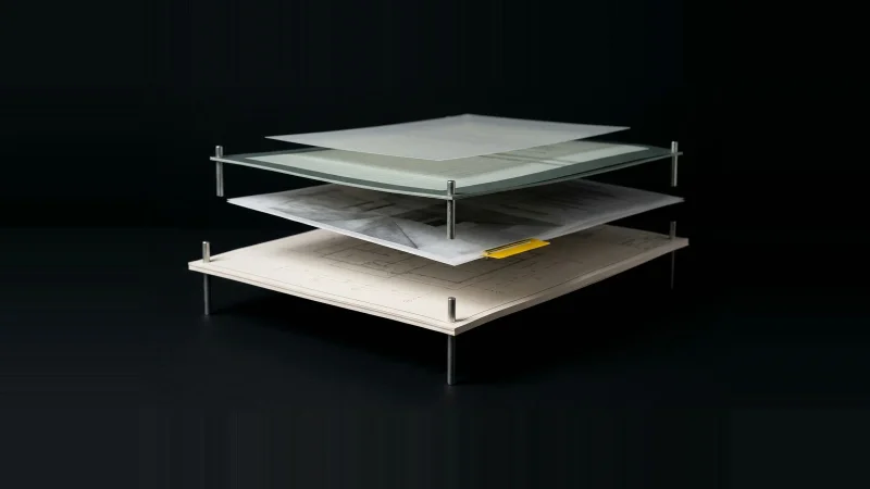 Four pale construction document sheets held apart on metal standoff pins, a yellow tab pointing into the gap between layers.