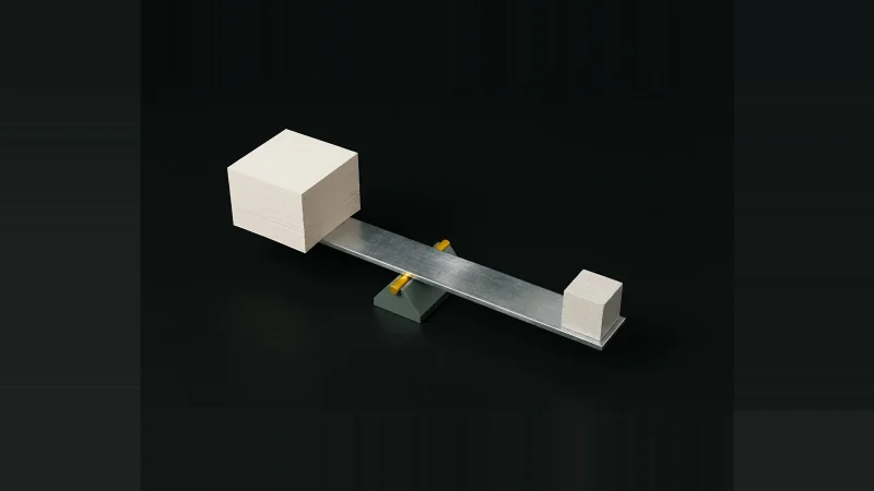 Brushed steel lever on a grey-green fulcrum lifting a tall stack of off-white paper with one small concrete counterweight.