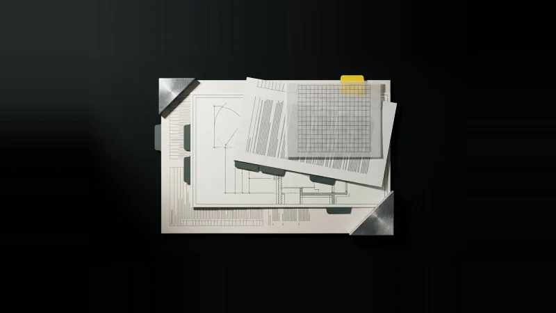Overlapping spec, drawing and contract sheets in hard side light, slim index tabs marking lines, one tab yellow.