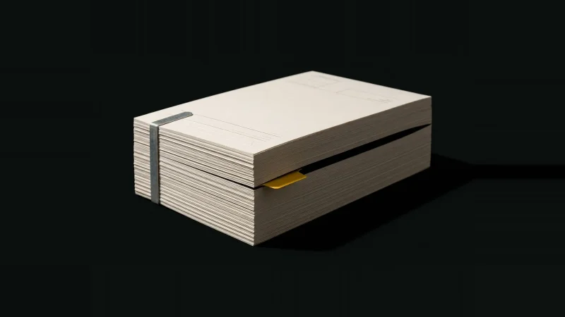 Close overhead view of a compressed stack of off-white document sheets with one sheet missing, marked by a yellow tab