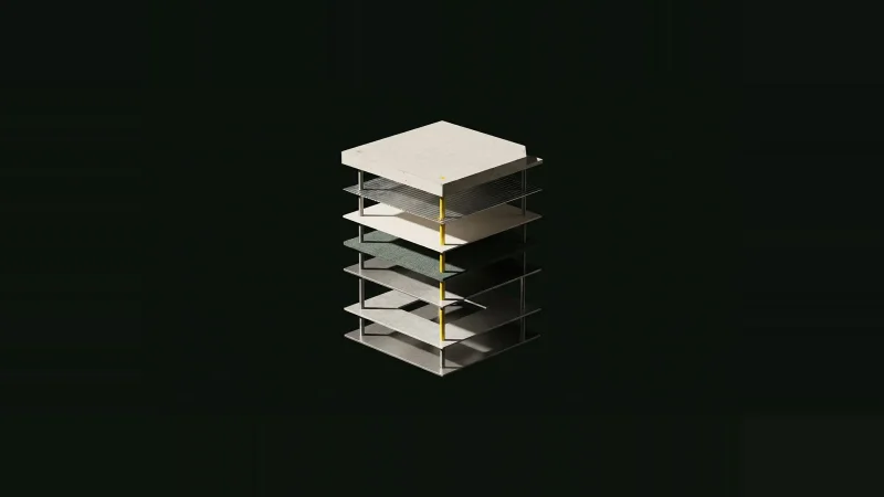 Small exploded model of a floor assembly, plates floating apart with one layer missing and a yellow pin through them