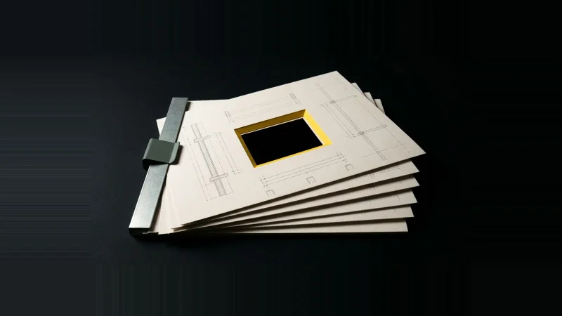 Fanned stack of pale architectural sheets on black, one with a rectangular cut-out edged in yellow