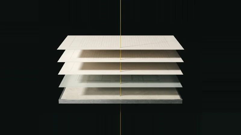 Exploded stack of pale paper and drawing layers with a single yellow thread running straight through them into darkness