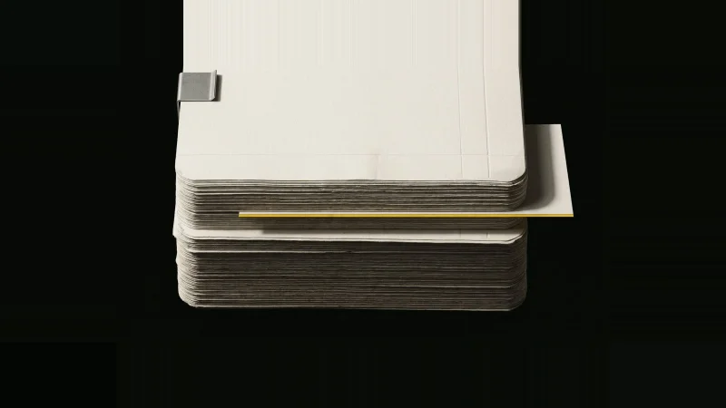 Overhead view of a thick stack of blank off-white spec pages with one sheet slid out, its edge lit yellow.