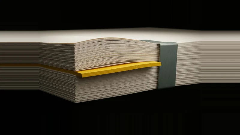 Edge-on stack of pale paper sheets with one sheet pushed out of alignment, its edge marked yellow