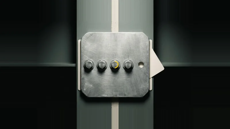 Close-up of a galvanised steel splice plate with four seated bolts and one empty, misaligned hole on black
