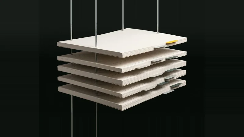 Exploded stack of spec-book paper layers on metal rods, top layer raised, one yellow tab, on black.