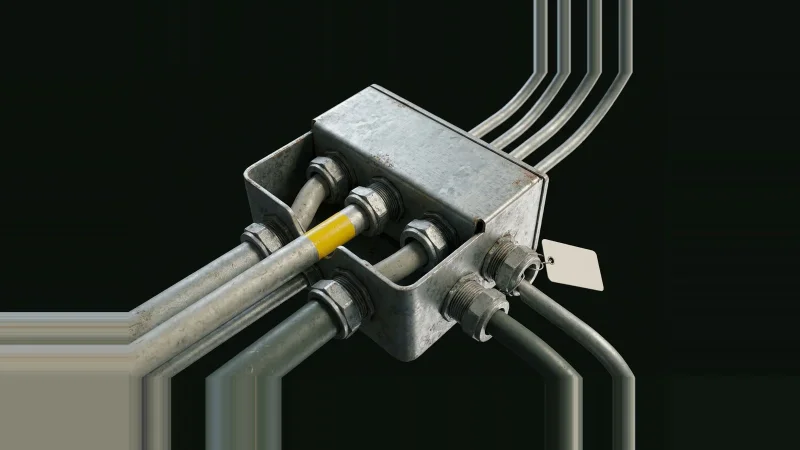 Seven metal conduits of different sizes converging into a galvanised junction box, one banded in yellow, on black