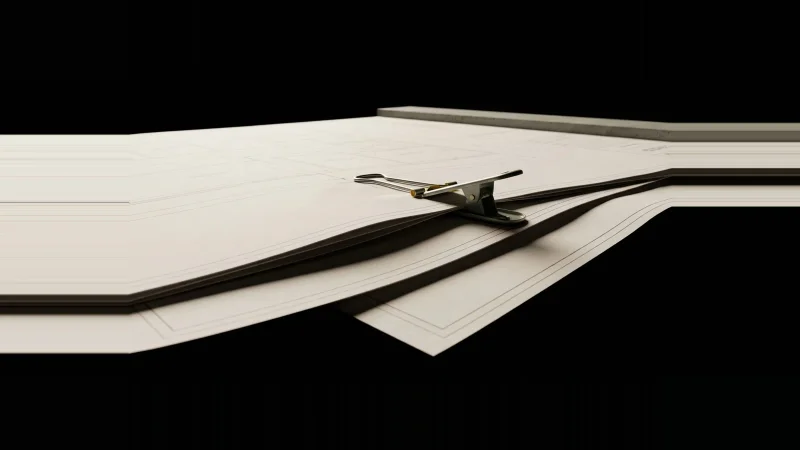 Three overlapping off-white drawing sheets with mismatched dimension lines, clipped at the gap by a metal clip with a yell…