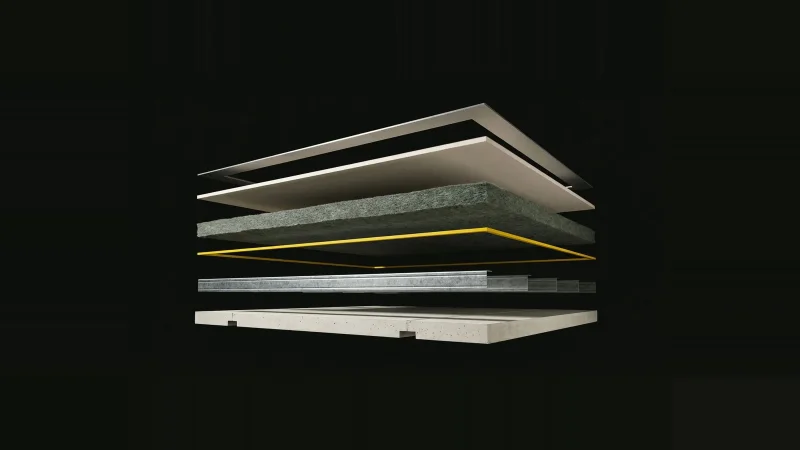 Exploded partition wall assembly in separated layers, one layer missing and outlined in yellow, on black
