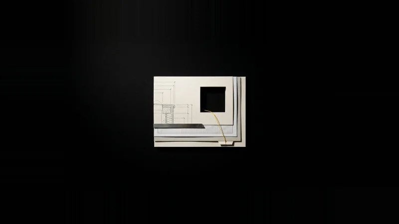 Overhead view of layered off-white spec and drawing sheets with a rectangular hole punched through, linked by a yellow thr…