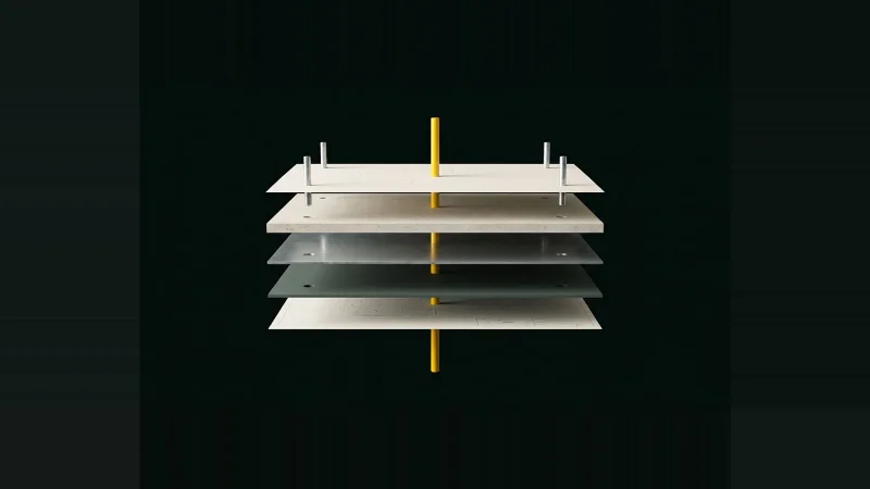 Exploded stack of five floating document layers pierced by a single yellow rod, dark background
