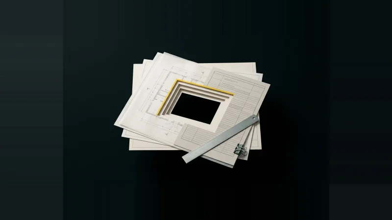 Layered architectural drawings and spec sheets on black with a rectangular section cut clean through, edged in yellow