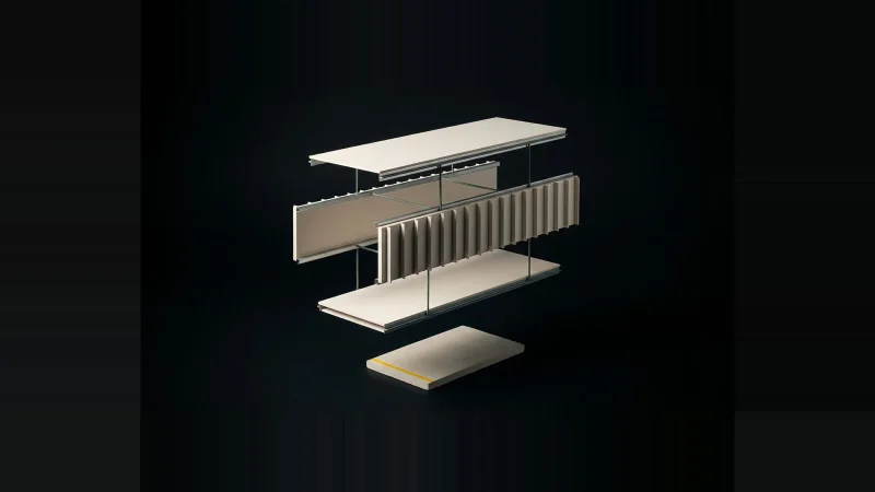 Exploded model of a bridge enclosure: four large panels floating above a much smaller flat footprint plate