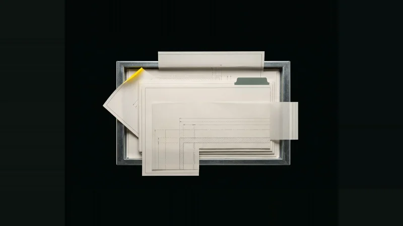 Overhead view of layered specification sheets held inside a steel frame, one page corner escaping past it, marked in yellow.
