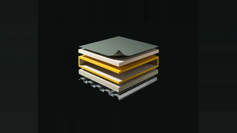 Exploded cutaway of a roof assembly, layers separated in dark space with one layer missing, its edge marked yellow