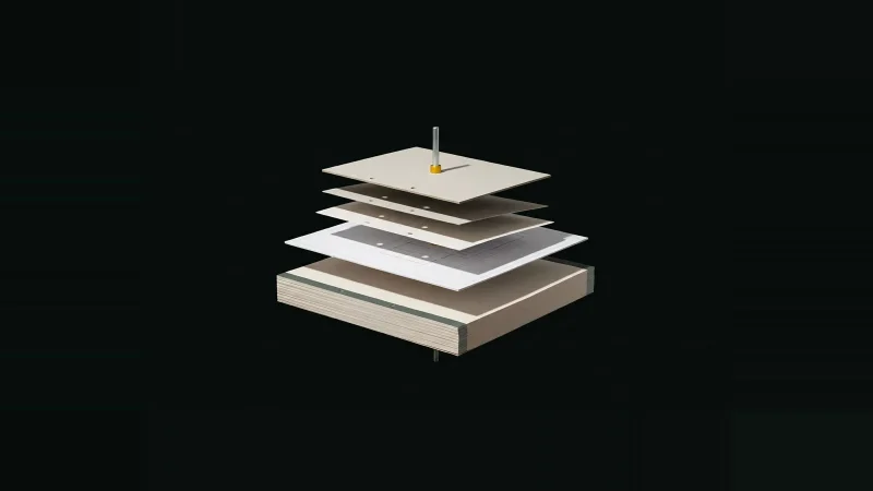 Overhead view of five stacked paper document layers floating apart on a metal pin with a yellow collar, on black.
