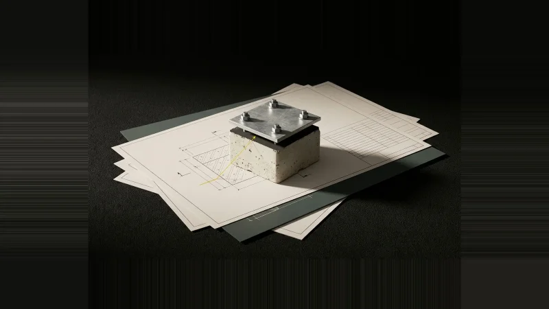 Small steel base plate on a concrete stub with an empty grout gap, resting on drafting sheets in darkness