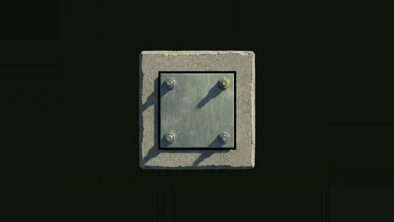 Overhead view of a steel base plate on a concrete pier with the grout bed gap left unfilled