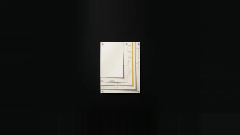 Five fanned architectural drawing sheets pinned in a stack, one narrow seam between layers lit yellow.