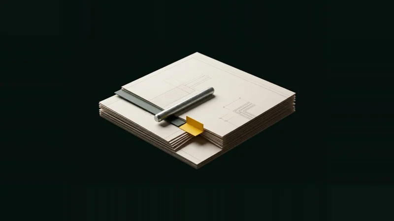 Small stack of misaligned off-white architectural sheets with a metal rod and yellow tab, rim-lit against black.