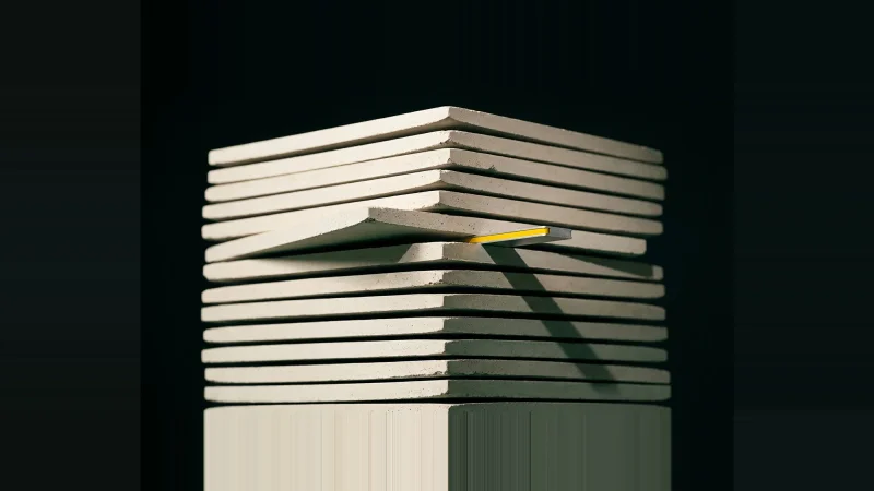 Low-angle view of a stack of thin pale concrete layers, one slab askew with a yellow metal shim in the gap.