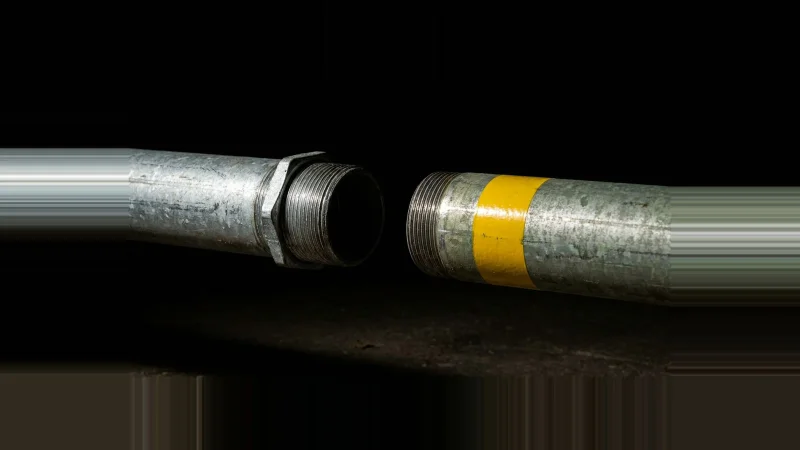 Close-up of two galvanised conduit ends facing each other with an unjoined gap between them, one banded in yellow.