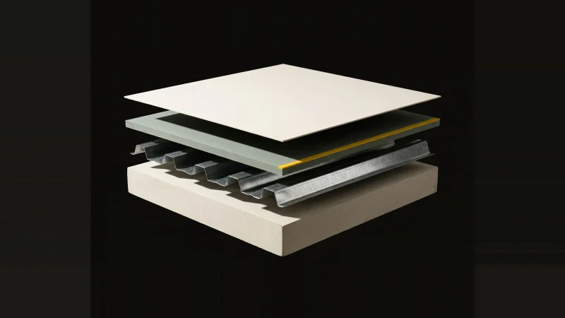 Exploded cutaway model of a roof assembly with one layer missing, a yellow stripe marking the exposed edge.