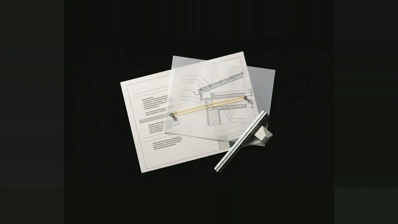 A vellum roofing detail drawing overlapping a spec page, their layers misaligned, joined by a taut yellow thread.