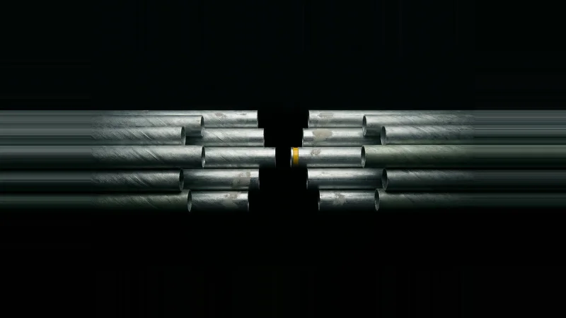 Two rows of cut galvanised conduit ends face each other in near-black, one centre pair leaving an unbridged gap.