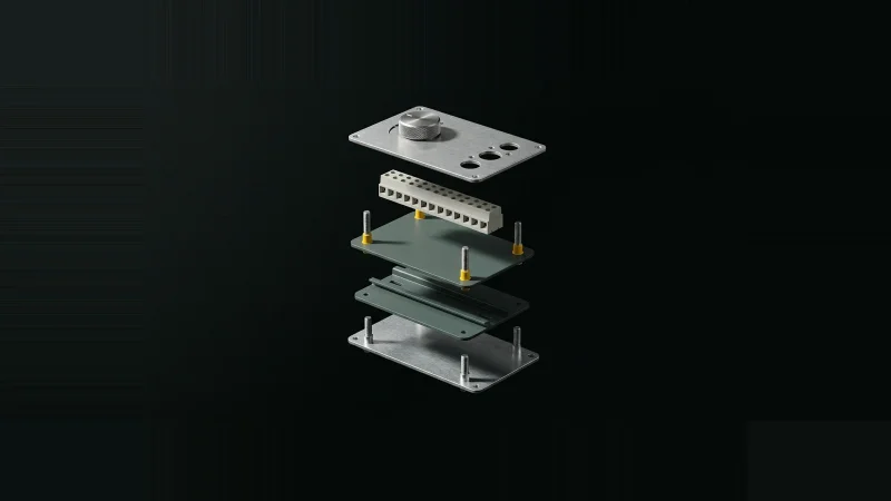 Overhead exploded view of a metal motor starter enclosure, one layer missing, empty mounting studs tipped yellow.
