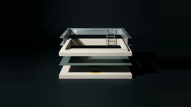 Exploded cutaway model of an elevator pit — concrete slab, membrane, buffer plinth and steel ladder separated in space.