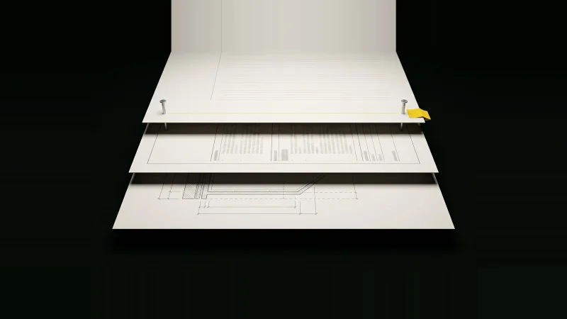 Three offset construction document sheets, pinned by steel pins and crossed by a single yellow dimension line, on black.