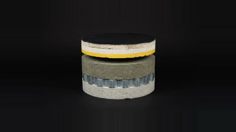 Core specimen of a layered roof assembly standing upright, with one stratum missing, leaving a marked void.