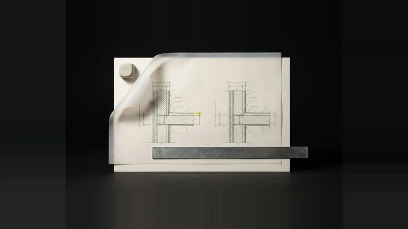 Two misaligned architectural drawing sheets on black, dimension lines diverging, one yellow tick marking the conflict.