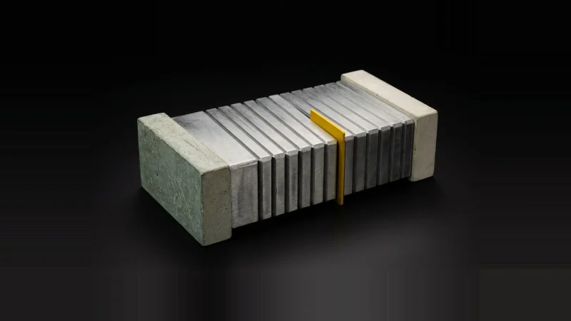Close overhead view of a row of steel gauge blocks between concrete stops, one gap filled by a yellow shim.