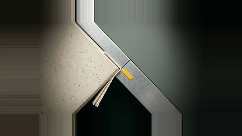 Overhead detail of concrete, galvanised strip and grey-green panel meeting at one point, with a yellow marker tab.
