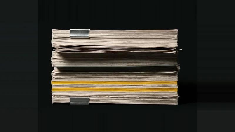 Edge-on stack of layered specification and drawing sheets, rim lit against black, with one yellow band across the page edges