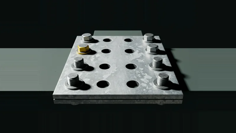 Close-up of a galvanised steel splice plate on beam flanges, most bolt holes empty, one bolt marked yellow.