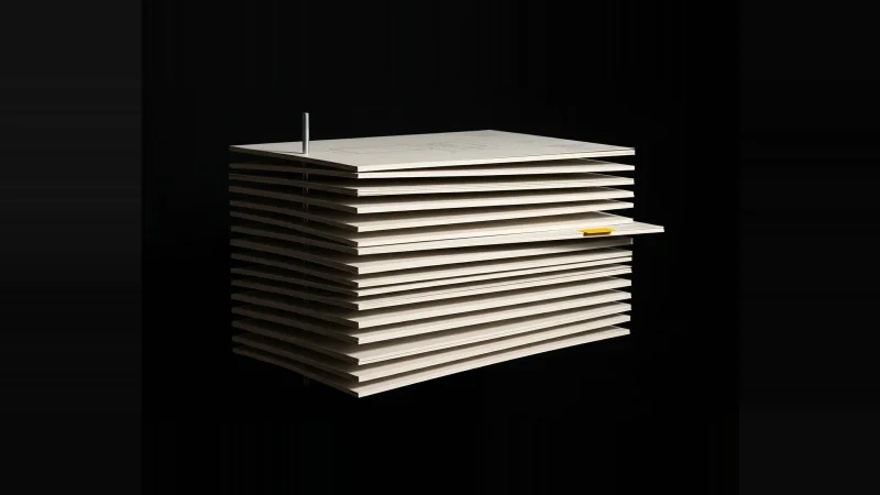 Exploded stack of off-white construction document sheets seen edge-on in darkness, one sheet slid out with a yellow tab.
