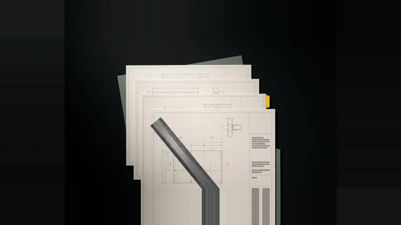 Five fanned architectural spec sheets stepped like a scorecard under a steel rule, one yellow index tab, on black.
