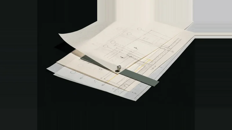 Three overlapping translucent architectural drawing sheets in register, crossed by a single yellow dimension line, on black.