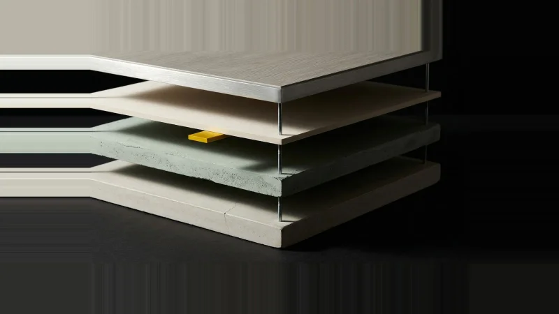 Exploded stack of pale flooring assembly layers on steel pins, one layer missing, gap marked by a yellow shim.