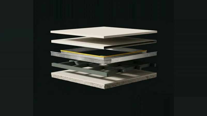 Exploded cutaway of a building assembly, its layers separated in air, with one gap edged in yellow