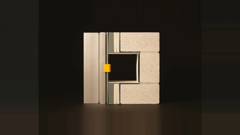 Close cutaway model of a curtainwall-to-masonry junction with the flashing cavity left empty, marked in yellow.