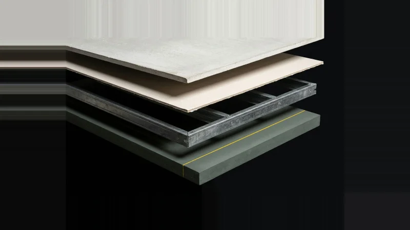 Exploded model of a wall assembly, layers floating apart, with one layer missing and its slot marked in yellow