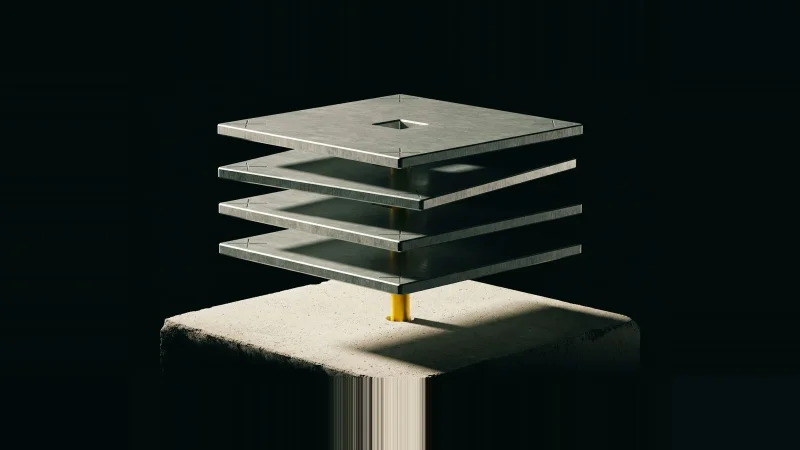 Four exploded galvanised metal plates float above a concrete block; one is pinned true by a single yellow spindle.