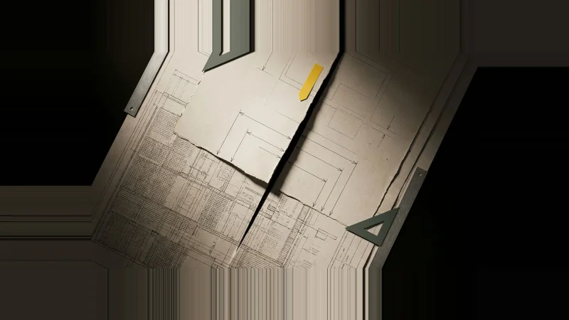 Overhead view of two misaligned contract sheets with a black gap between them, marked by a yellow index tab.